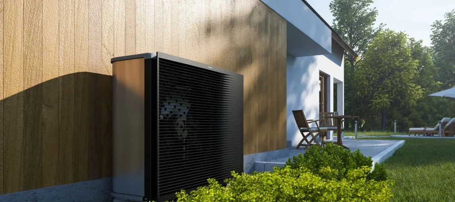 Warmtepomp buitenunit geplaatst bij een woning in Vlaanderen als energiezuinige verwarmingsoplossing