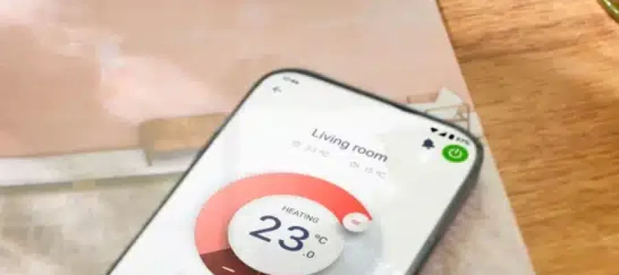 Smartphone met Daikin Onecta app waarmee een Daikin airco of warmtepomp in de woonkamer op afstand wordt bediend.